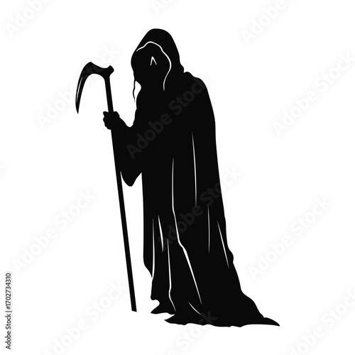 Grim reaper silhouette holding scythe spooky halloween figure mysterious shadowy character silhouette