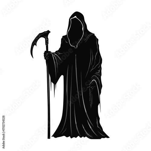 Grim reaper silhouette holding scythe mysterious figure personification of death mysterious entity silhouette