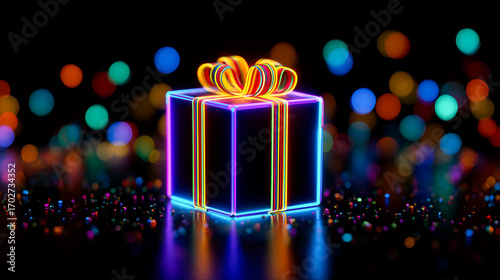 Colorful glowing neon gift box with bow on dark background.