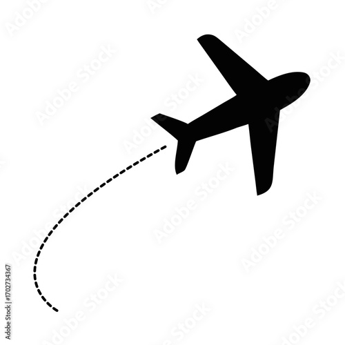 Black silhouette of an airplane flying with a dotted line indicating its flight path on a white background