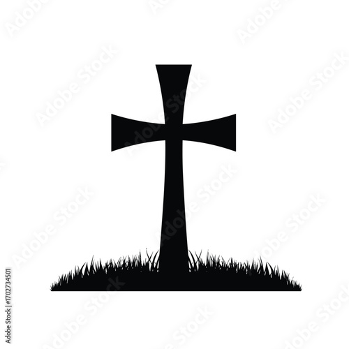 Monochromatic silhouette of a tombstone cross standing tall amidst grassy ground silhouette