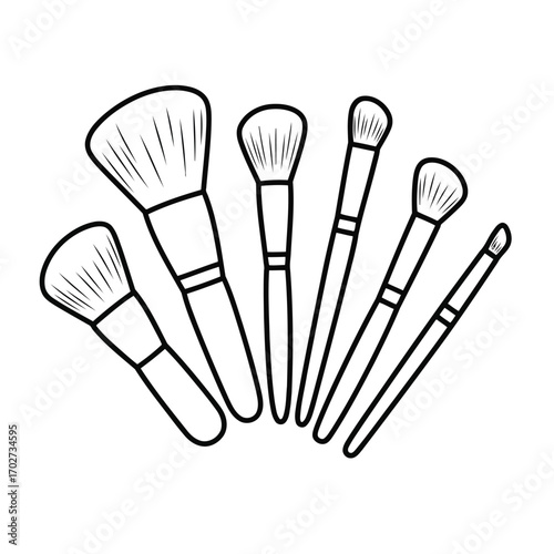 Hand-drawn illustration of an essential makeup brush set for beauty and cosmetic application