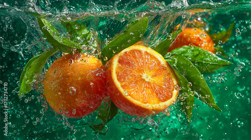 Fresh mandarins with green leaves splashing in water.