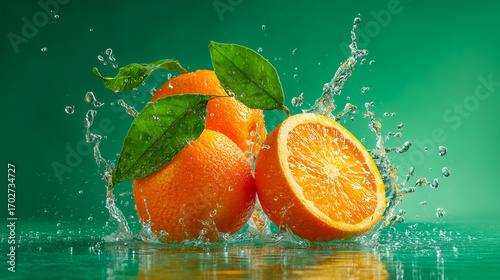 Fresh mandarins with green leaves splashing in water.