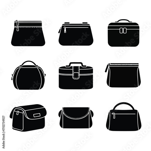 Set of black silhouette icons featuring various women's handbags, purses, and clutches