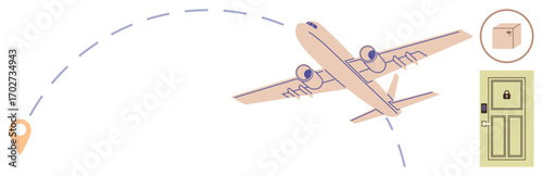 Airplane flying along dashed path toward delivery destination with package and locked door icon. Ideal for logistics, air freight, delivery service, e-commerce, security, global trade, simple landing