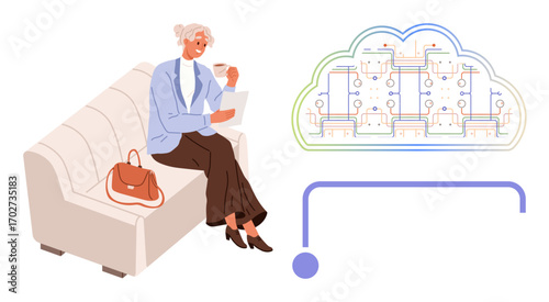 Elderly woman seated on a couch holding a tablet and drinking coffee beside a digital cloud diagram. Ideal for technology, senior engagement, digital lifestyle, learning, innovation, connectivity