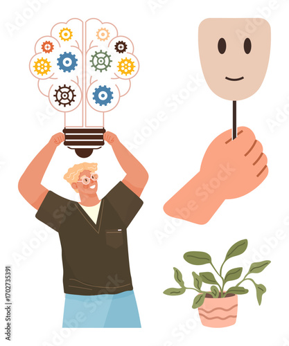 Person lifting bulb with gears representing ideas, holding a smiling mask for emotions, next to a plant for growth. Ideal for creativity, mental health, personal growth, identity, ideas