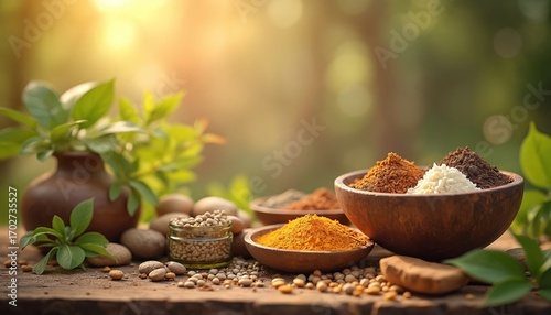 Fototapeta Naklejka Na Ścianę i Meble -  Ayurvedic products arranged on wood table with plants, herbs, spices in bowls. Earthy tones, natural light. Health, wellness, eco-friendly product background.