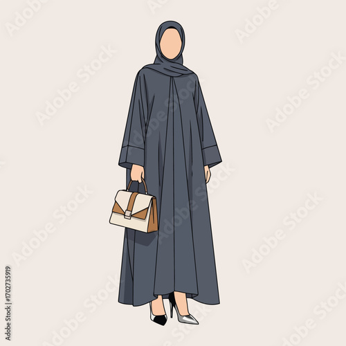 Elegant Muslimah Fashion Illustration Woman in Modest Abaya, Hijab, and Handbag Style