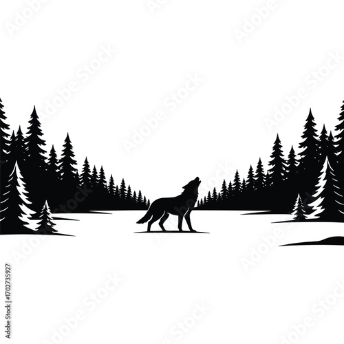 Minimal vector silhouette scene, lone wolf crossing snowy clearing with layered pines, solid black shapes