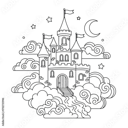 Enchanted Castle in the Clouds A Whimsical Coloring Page Illustration