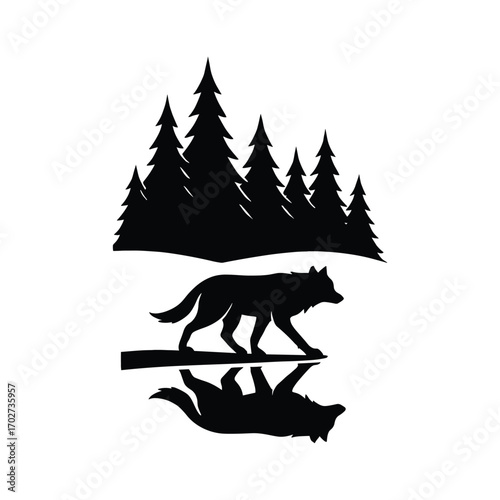 Minimal vector silhouette scene, lone wolf crossing snowy clearing with layered pines, solid black shapes