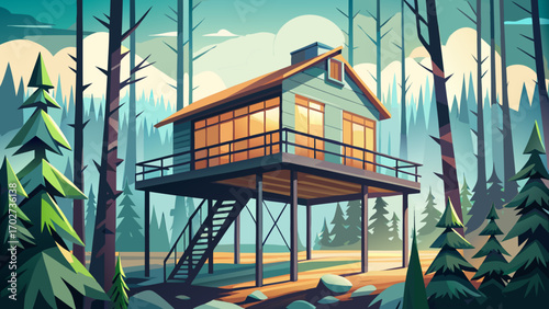 Modern rustic cabin elevated on stilts, surrounded by foggy forest, blending sleek metal railings, reclaimed wood panels, and a minimalist, airy interior.