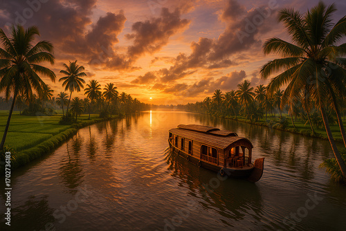 Hyper-Realistic Kerala Backwaters with Houseboat, Lush Paddy Fields, Coconut Palms, and Golden Sunset Sky