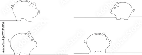 A set of piggy bank one continuous line art, Vector illustration, One line art, Line art graphic style