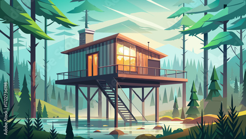 Modern rustic cabin elevated on stilts, surrounded by foggy forest, blending sleek metal railings, reclaimed wood panels, and a minimalist, airy interior.