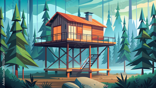 Modern rustic cabin elevated on stilts, surrounded by foggy forest, blending sleek metal railings, reclaimed wood panels, and a minimalist, airy interior.