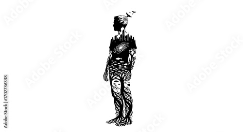 Human silhouette filled with nature and city elements isolated on white background silhouette