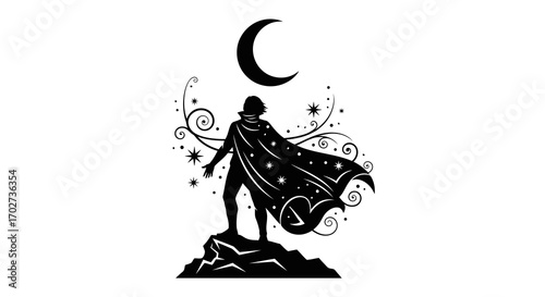 Mysterious figure in a starry cape under a crescent moon silhouette isolated on white background