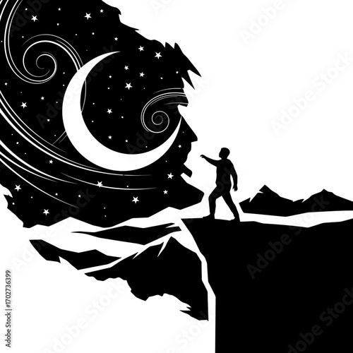 Man reaching for moon and stars on mountain edge silhouette isolated on white background