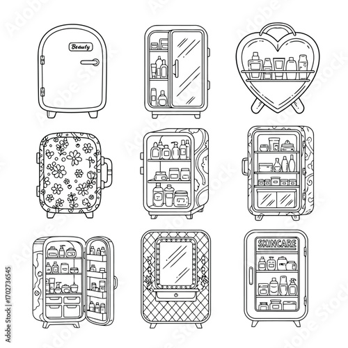Collection of outline illustrations of skincare mini-fridges for beauty storage concept