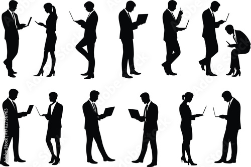 Business professionals silhouettes working with laptops, modern office people, digital teamwork concept, technology communication, standing and sitting postures, corporate workflow