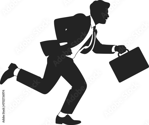 Silhouette of a businessman running with a briefcase, urgency in office life, corporate rush concept, deadline pressure in modern business