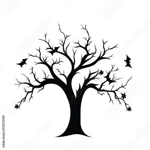 Spooky silhouetted dead tree with bats for halloween decorations and themed designs silhouette
