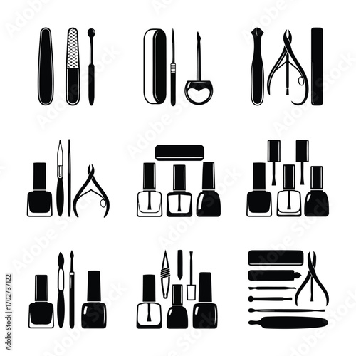 Professional manicure and pedicure equipment vector icon silhouette collection