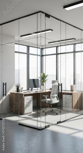 Modern office interior with glass walls and corner desk setup.