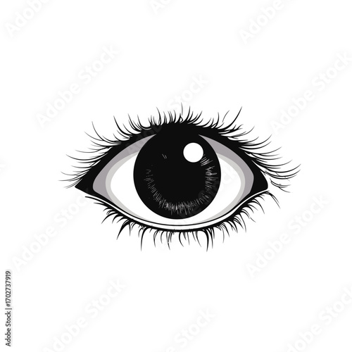 Close-up detailed artistic rendering of a human eye with a dark pupil and iris silhouette
