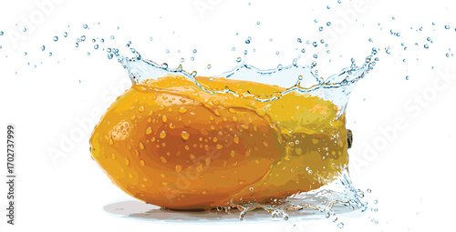 Mango Splashing into Water with Refreshing Effect on White Background