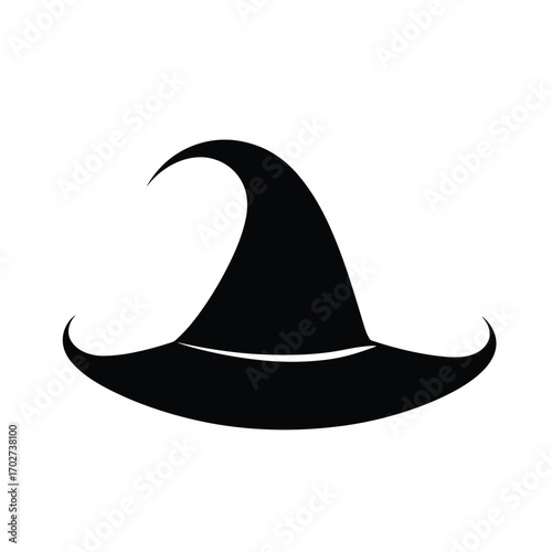 Mystical silhouette of a classic witch hat with curved brim and pointed crown for halloween silhouette