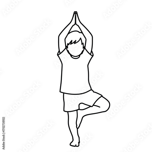 Outline illustration of a young boy practicing a balancing yoga tree pose. Kids yoga concept.