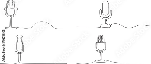 A set of Podcast microphone one continuous line art, Vector illustration, One line art, Line art graphic style
