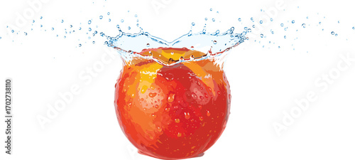 Peach plunging into water, creating a splash and a refreshing visual with white background