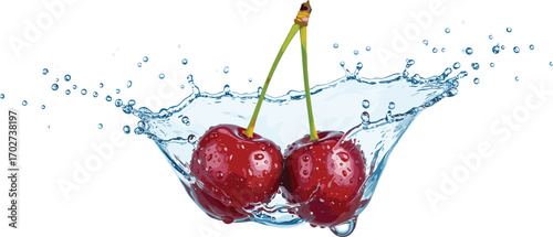 Two fresh ripe red cherries with green stems making a dynamic splash as they are dropped into crystal clear water, isolated on a white background