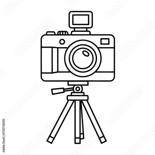 Photography concept with a retro camera on a tripod, minimalist vector line art icon.