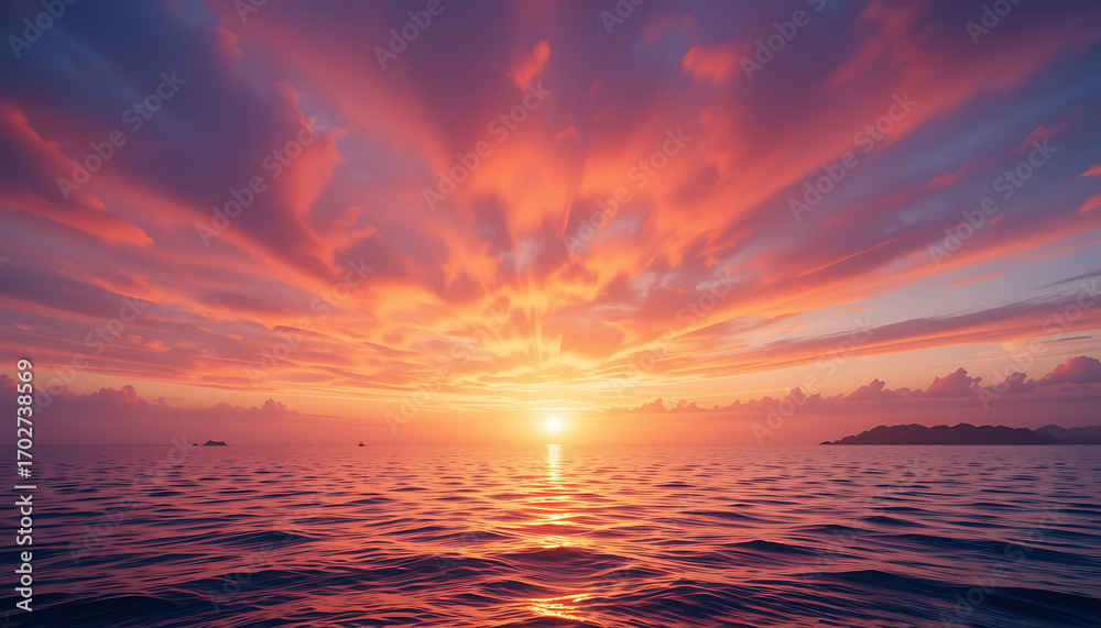 Fototapeta premium An orange and red sun dips below the horizon, casting a fiery glow over the tranquil ocean waves