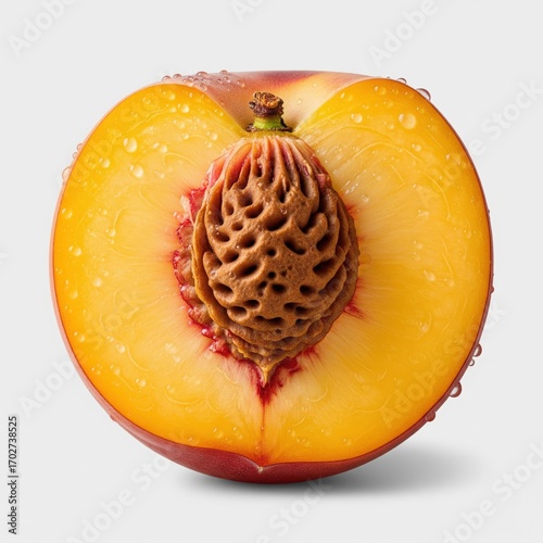 A juicy peach split in half with its pit prominently displayed, adorned with glistening water droplets, showcasing its freshness and vibrant colors, set against a minimalist background .
