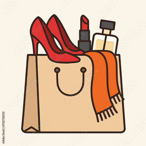 Fashionable Shopping Bag Filled with Red Heels, Lipstick, Perfume, and Scarf