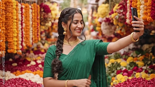 Beautiful Indian woman in a traditional green sari smiling while taking a selfie at a vibrant flower market