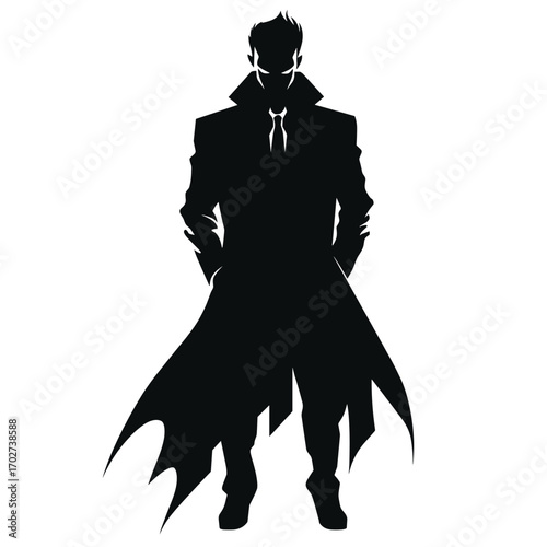 Mysterious silhouette detective in long coat standing confidently ready for action silhouette