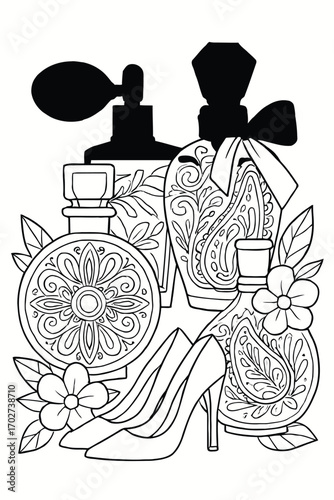 Fashion and beauty coloring page with perfume bottles, high heels, and intricate floral doodles.