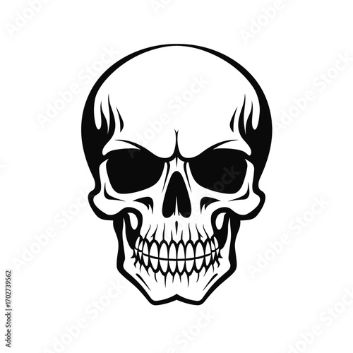 Intense frontal skull graphic with jagged teeth and dark eye sockets silhouette