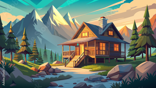 Wooden mountain retreat with wraparound porch, soft lantern light, and rugged stone steps, offering an inviting haven in the heart of untouched alpine wilderness.