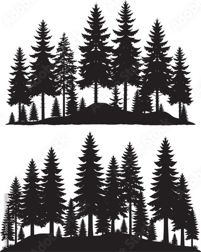 Dense pine tree silhouette, evergreen forest vector, black fir woodland shape, winter nature background, outdoor conifer tree clipart, landscape illustration