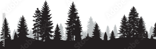Dense pine tree silhouette, evergreen forest vector, black fir woodland shape, winter nature background, outdoor conifer tree clipart, landscape illustration