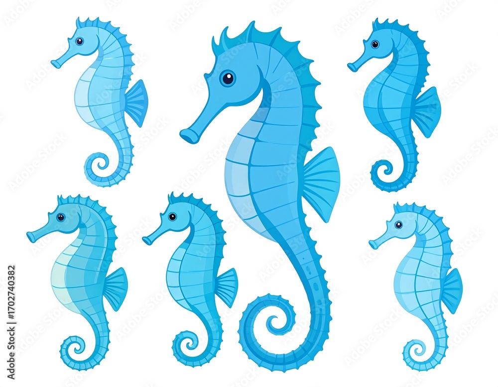 Fototapeta premium Charming seahorse cartoon collection, aquatic sea creatures in blue tones